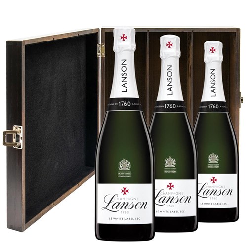 Lanson Le White Label Sec Champagne 75cl Treble Elm Wood Gift Boxed Champagne (3x75cl)